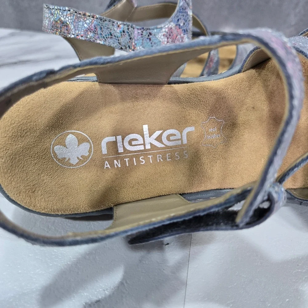 Rieker Antistress Regina C7 Floral Metallic Leather Sandals Womens 38 US 7.5